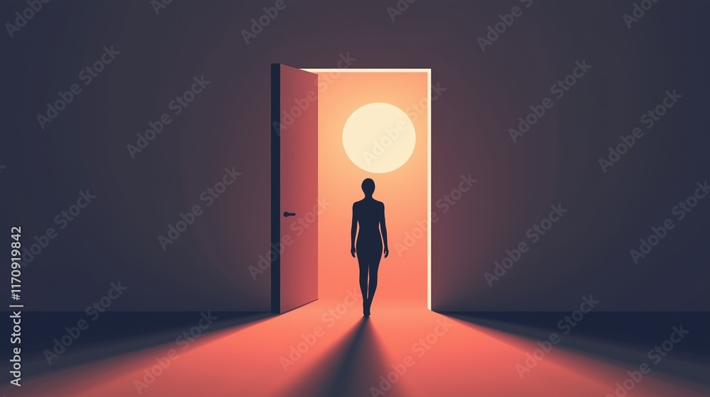 Silhouette of a person walking into a brightly lit doorway with circular light Silhouette of a person walking into a brightly lit doorway with circular light