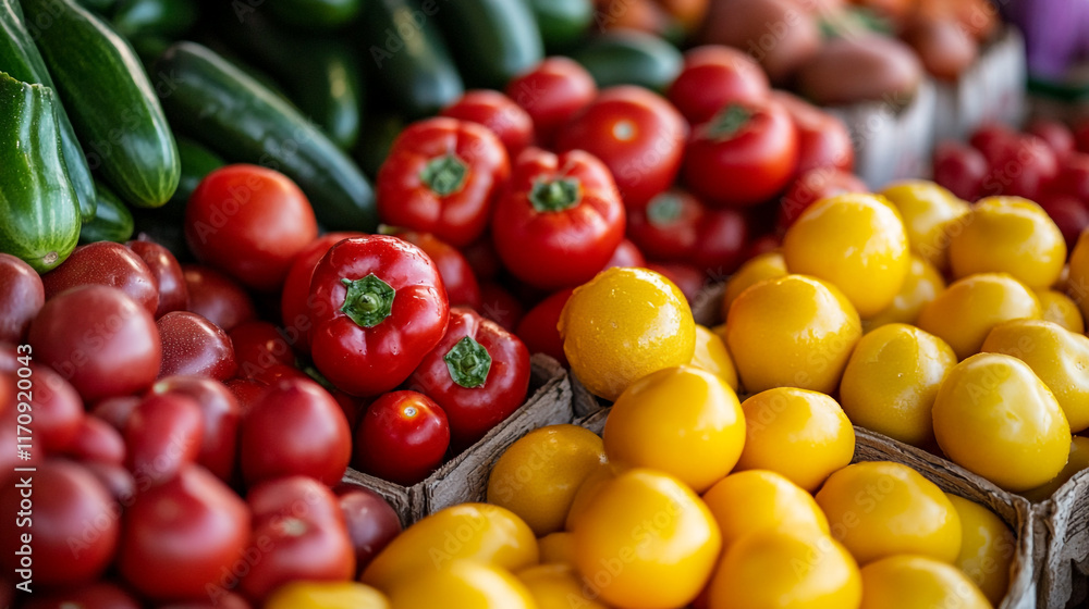 Vibrant farmer's market display showcasing fresh tomatoes and yellow produce in daylight Vibrant farmer's market display showcasing fresh tomatoes and yellow produce in daylight