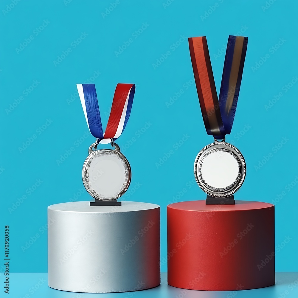 Two blank silver medals on display pedestals