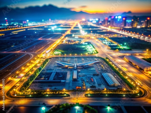 Hong Kong Airport Map with Bokeh Lights:  Night View, Aerial Perspective, Illuminated Runways photo