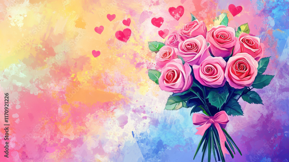 Obraz premium Pink Roses with Hearts: A delicate bouquet of pink roses adorned with floating hearts, set against a vibrant watercolor backdrop. A perfect illustration of love, romance, and appreciation. 