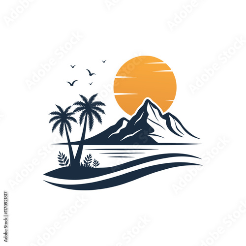  sun silhouette vector line art logo