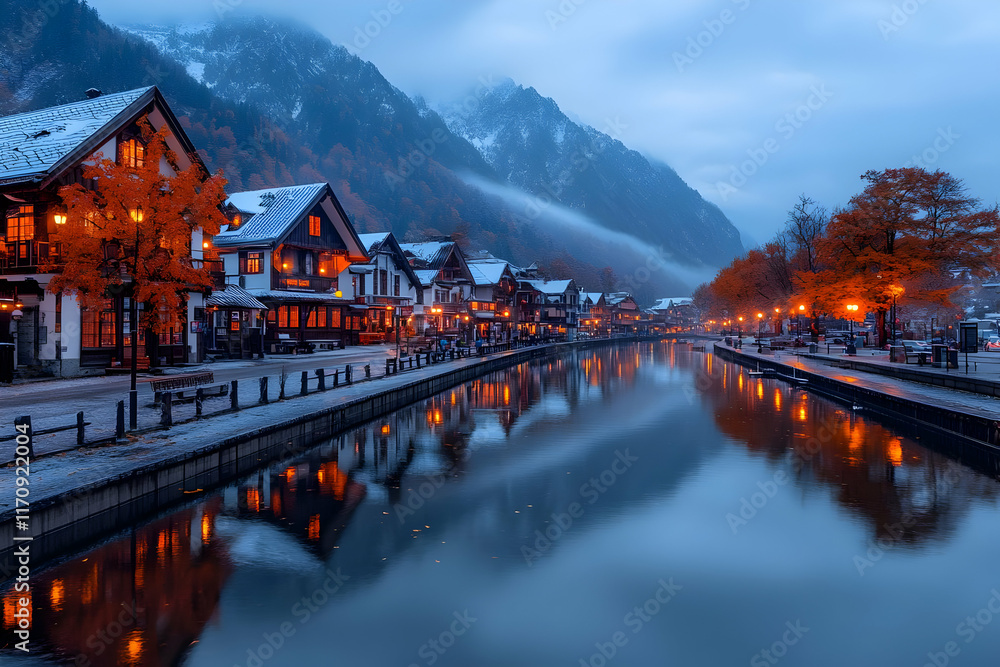 Fototapeta premium Autumnal Village by Canal, Realistic Image