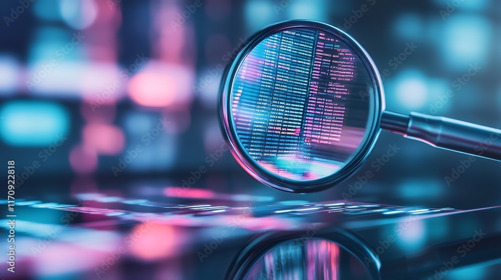 Magnifying glass highlighting digital code in a futuristic data analytics concept : Generative AI Magnifying glass highlighting digital code in a futuristic data analytics concept : Generative AI