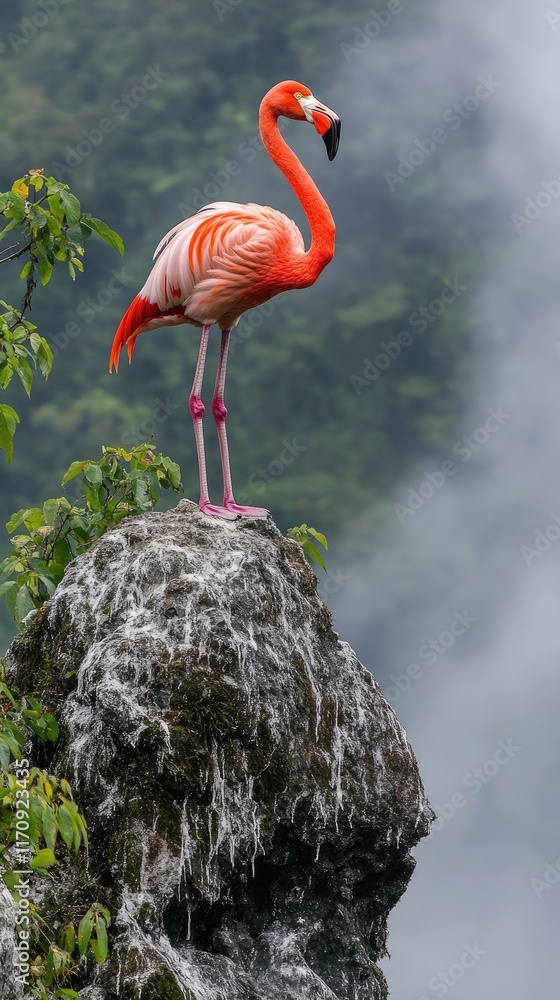 Fototapeta premium A vibrant flamingo perched on a rocky outcrop amidst a misty, lush green background.