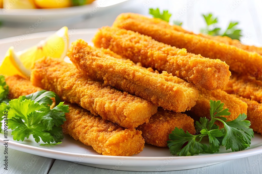 Delicious Crispy Fish Sticks Ready to Eat on a Plate with Copy Space Delicious Crispy Fish Sticks Ready to Eat on a Plate with Copy Space