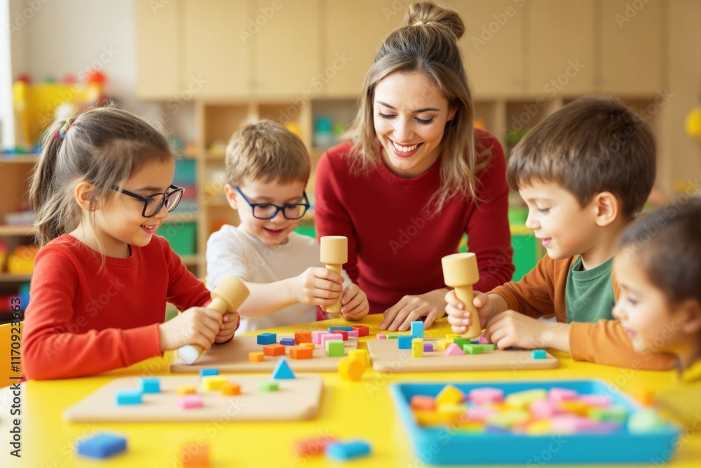 Group of children and a female teacher engaging with colorful educational toys in a classroom, warm lighting, concept of learning and creativity. Ai generative. Group of children and a female teacher engaging with colorful educational toys in a classroom, warm lighting, concept of learning and creativity. Ai generative.