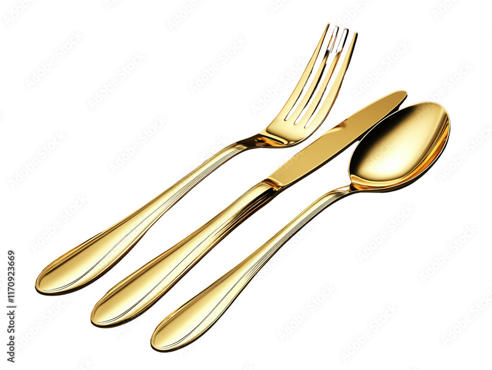 Golden fork knife and spoon set on white background. Golden fork knife and spoon set on white background.
