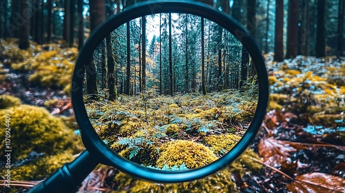 Magnifying Glass Focused on Vibrant Forest Foliage with Dense Woodland Background : Generative AI photo