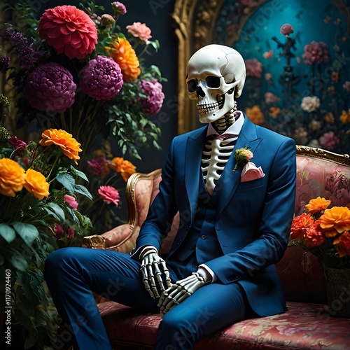 Skull in a Suit Posing Elegantly with Floral Background