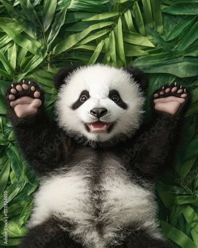 A playful panda cub lying on green leaves, showcasing its adorable features and joyful expression.