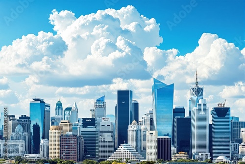 A vibrant urban skyline featuring modern skyscrapers against a backdrop of bright blue sky and fluffy clouds, creating a concept of urban development and architecture. Ai generative photo