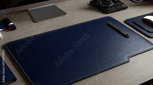 Stylish Modern Office Desk Setup with Premium Leather Desk Pad and Accessories for Productivity : Generative AI photo