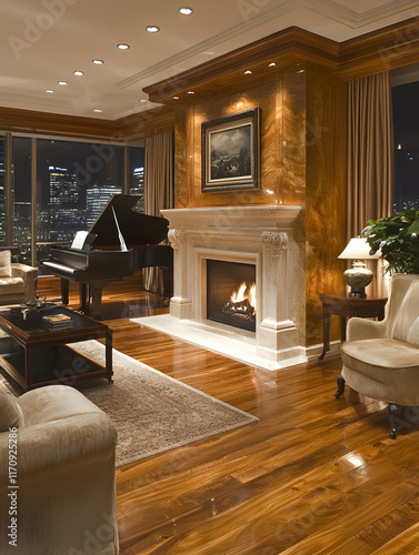 Luxurious living room with hardwood floors, fireplace, grand piano, and city view at night.