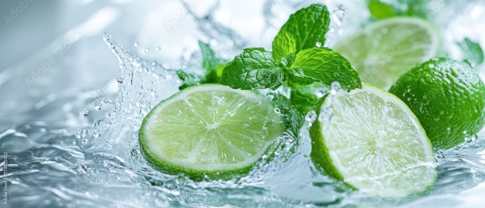 Fresh limes and mint in water splashes. (1) Fresh limes and mint in water splashes. (1)