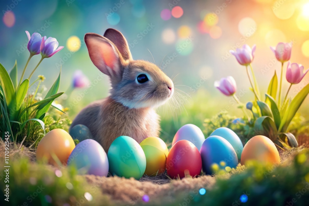 Fototapeta premium Happy Easter: Double Exposure of Playful Bunny & Colorful Eggs