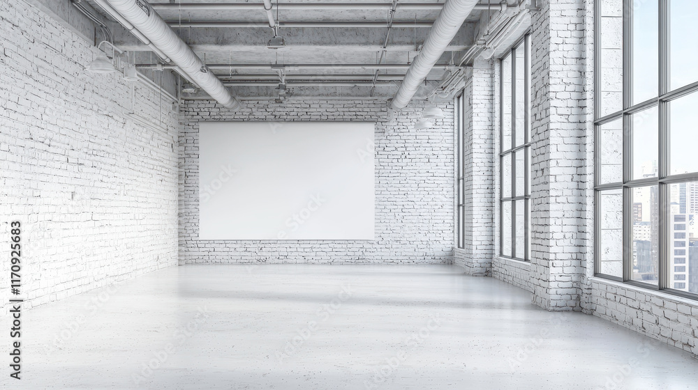 Fototapeta premium Stylish photography studio with pure white walls and large windows, creating bright and airy atmosphere perfect for creative