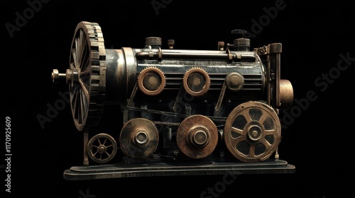 A vintage industrial engine with exposed gears, pistons, and cogs, representing the enduring power of old-world machinery and engineering. photo