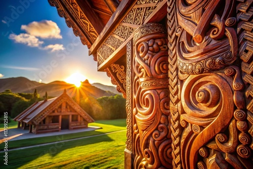 Intricate Maori Carving Adorns Traditional New Zealand Marae Meeting House photo