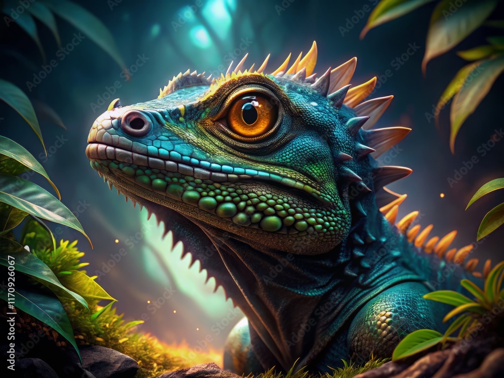 Obraz premium Hyperrealistic Basilisk with Glowing Eyes - Dramatic Fantasy Creature Stock Photo