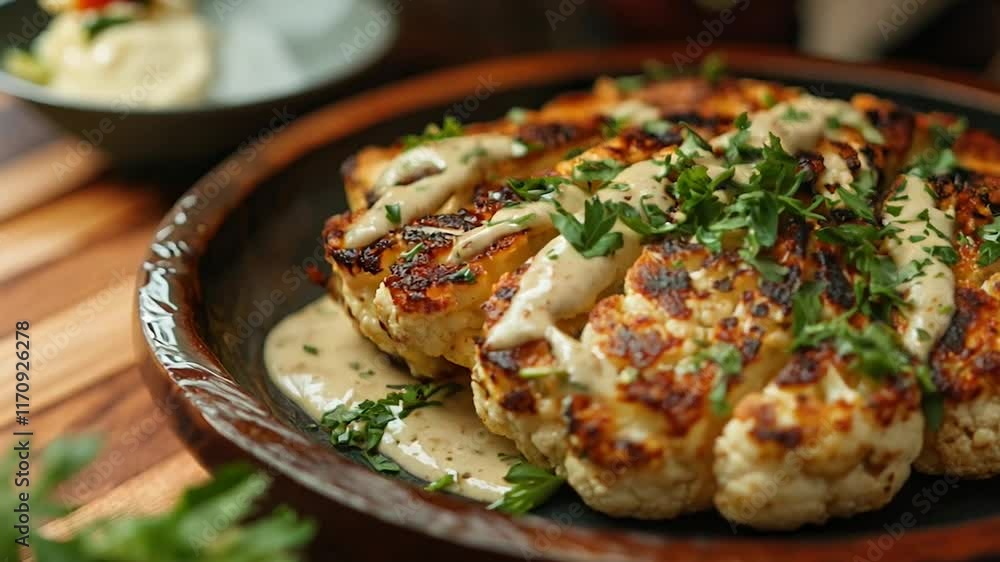 Delicious roasted cauliflower steaks served on a rustic plate, drizzled with creamy tahini sauce and garnished with fresh parsley. The golden caramelization and vibrant greens create a visually appeal Delicious roasted cauliflower steaks served on a rustic plate, drizzled with creamy tahini sauce and garnished with fresh parsley. The golden caramelization and vibrant greens create a visually appeal