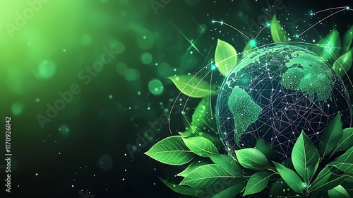 Eco-Friendly Earth Surrounded by Lush Green Leaves and Digital Connections : Generative AI