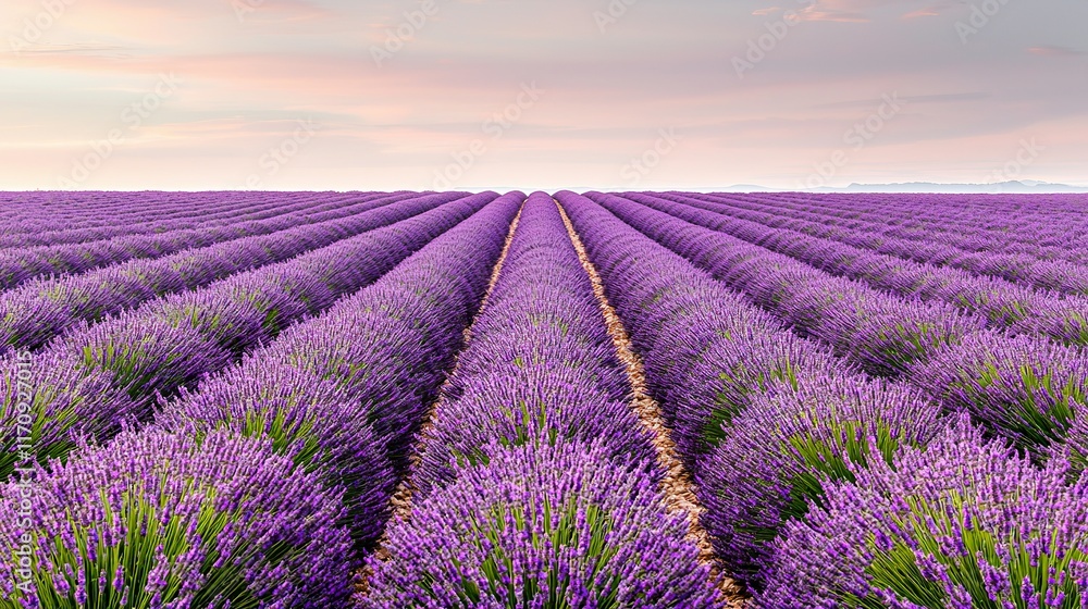 Obraz premium A serene lavender field stretches across the horizon, showcasing vibrant purple rows under a soft pastel sky.