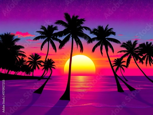 Tropical beach with palm trees silhouette at sunset background