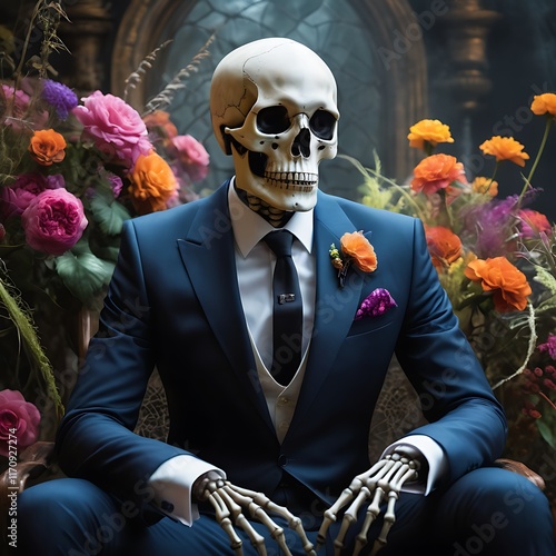Skull in a Suit Posing Elegantly with Floral Background