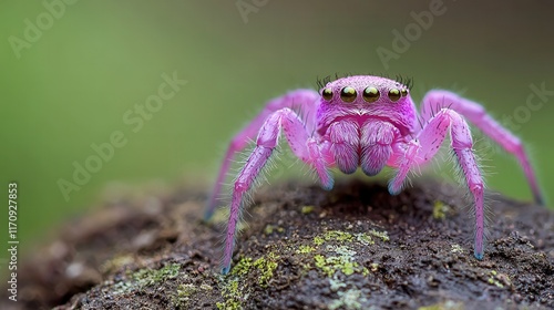 A pink spider sitting on top of a tree stump