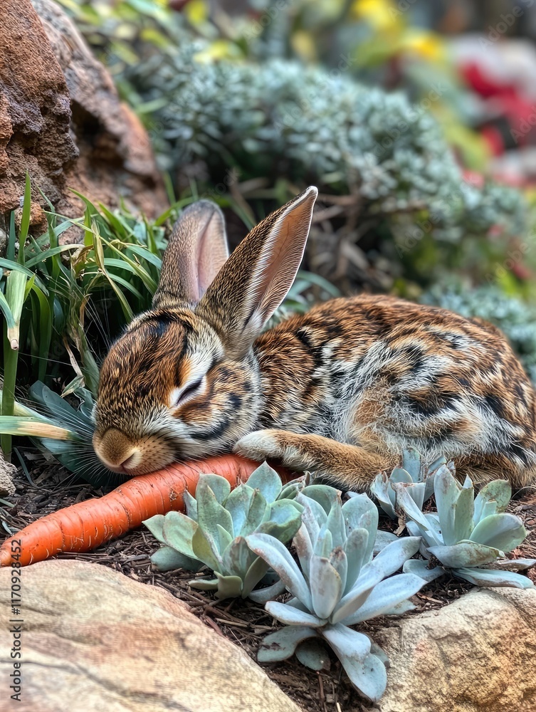 Obraz premium A resting rabbit with a carrot in a garden setting.