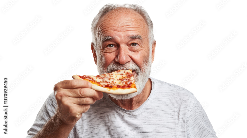 A Heartwarming Moment: An Older Man Relishing a Delicious Slice of Pizza Perfect for Food and Lifestyle Content. A Heartwarming Moment: An Older Man Relishing a Delicious Slice of Pizza Perfect for Food and Lifestyle Content.