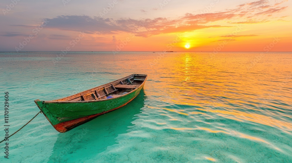 Fototapeta premium A boat floating in the ocean at sunset