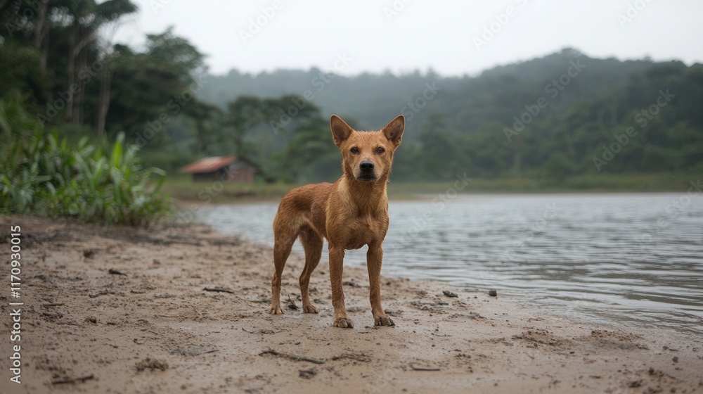 Naklejka premium A brown dog standing on a sandy beach next to a body of water