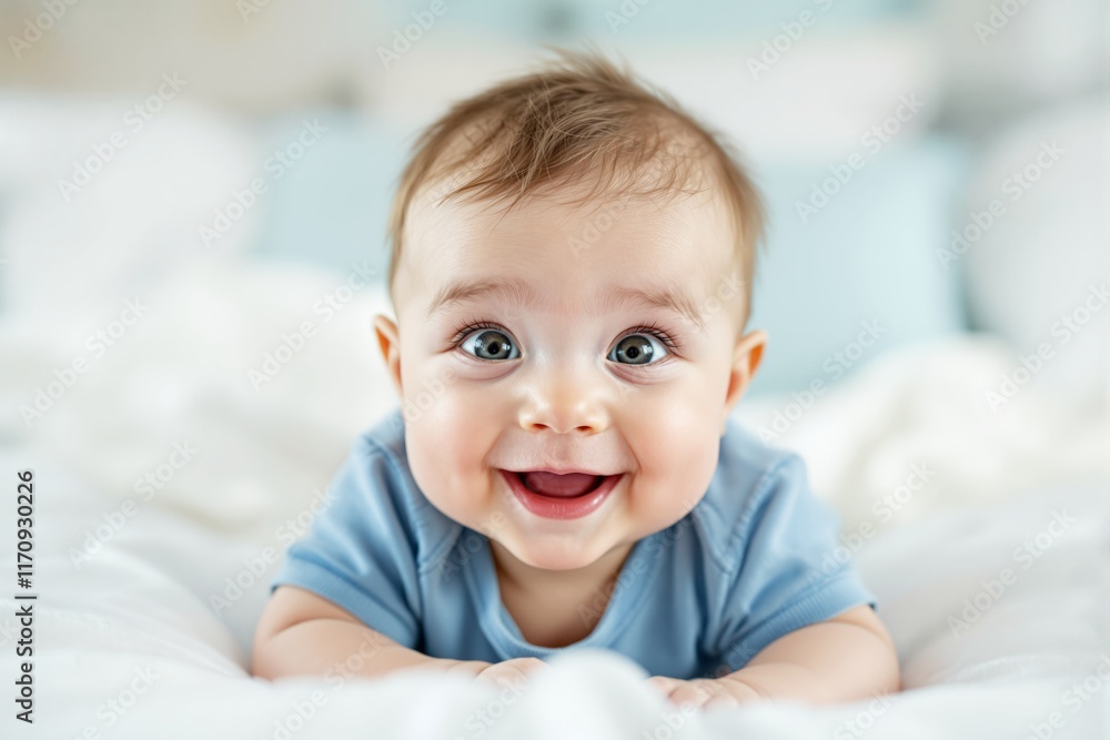 Cute baby with bright eyes and joyful expression, wearing blue clothing, lying on a soft white background. Concept of happiness and innocence. Ai generative Cute baby with bright eyes and joyful expression, wearing blue clothing, lying on a soft white background. Concept of happiness and innocence. Ai generative