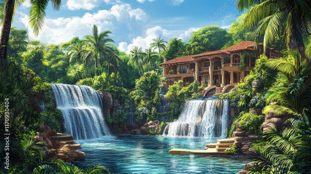Obraz premium Tropical Mansion Waterfall Paradise Lush Greenery