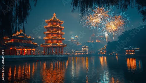 Elegant red palace near water, ancient Chinesestyle city, spectacular fireworks show in the sky, architectural beauty, cinematic lighting, 4K quality photo