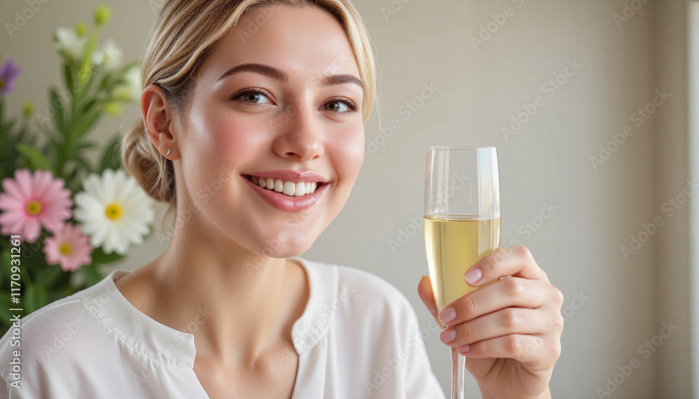 Joyful bride holding champagne at spring bridal shower, celebration Joyful bride holding champagne at spring bridal shower, celebration