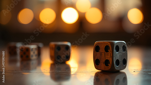 Rustic six-sided die on reflective table in warm ambient lighting photo