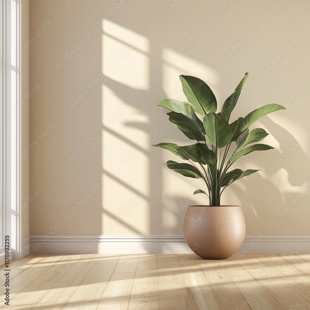 Fototapeta premium Indoor Plant in Modern Pot with Sunlight and Shadow on Wall