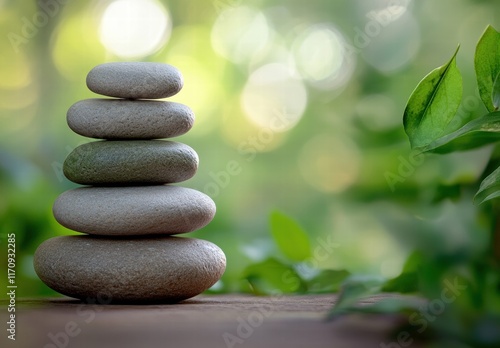 A stack of five rocks on a wooden surface