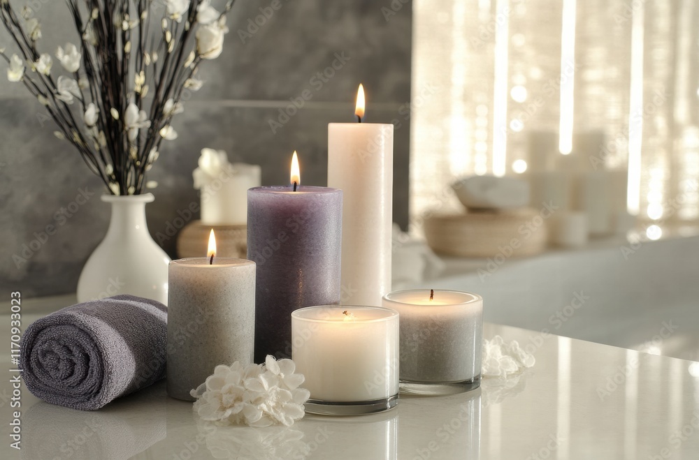 A row of candles are lit and placed on a table next to a vase of flowers A row of candles are lit and placed on a table next to a vase of flowers