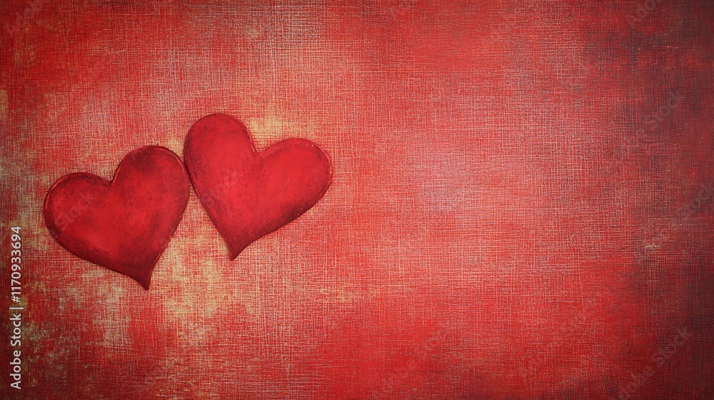 Two Red Hearts on a Red Textured Background Two Red Hearts on a Red Textured Background