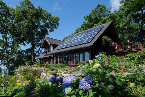 Eco friendly home with solar panels surrounded by vibrant flowers and greenery photo