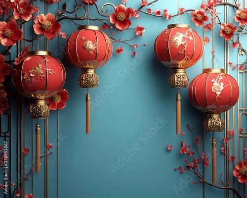 Red and gold lanterns with floral accents, traditional Chinese New Year banner, serene blue background, detailed design, festive ambiance, 4K quality photo