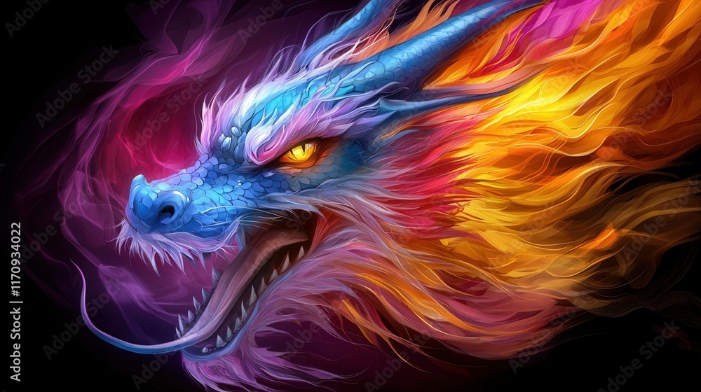 Obraz premium A colorful dragon with yellow eyes on a black background