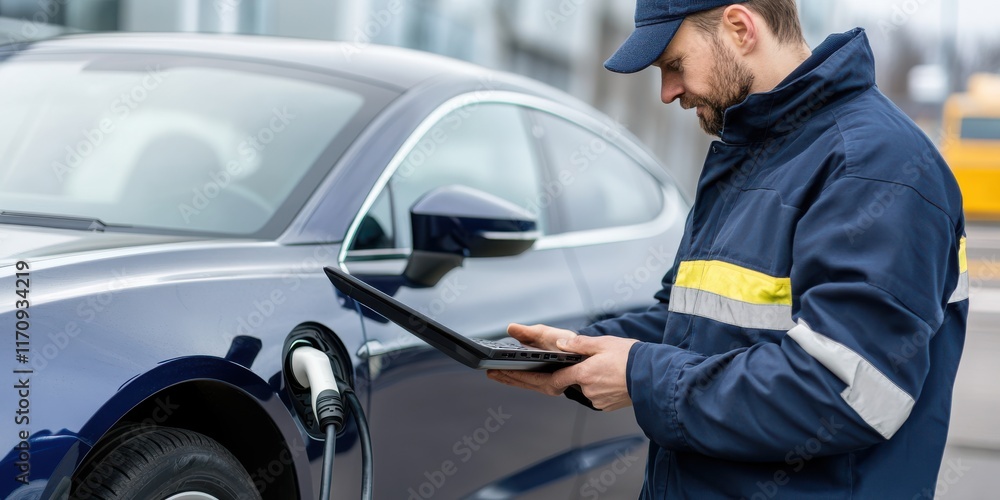 A technician, focused and professional, installs a home EV charging station, symbolizing progress in green technology. A technician, focused and professional, installs a home EV charging station, symbolizing progress in green technology.
