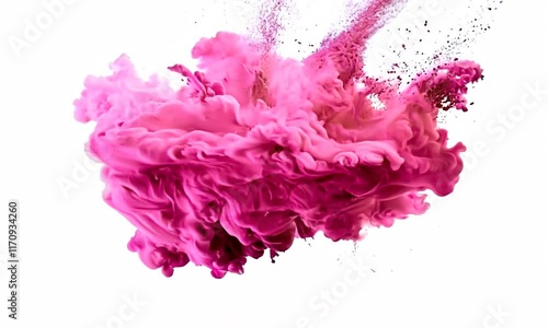 Pink paint splash in water against a white background, colored ink spreads and bursts like a colorful cloud. Slow motion