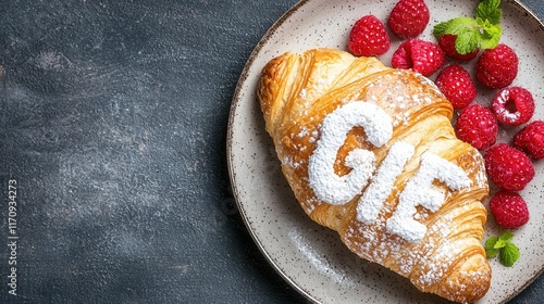 A croissant with the word GIE written on it and raspberries on a plate photo