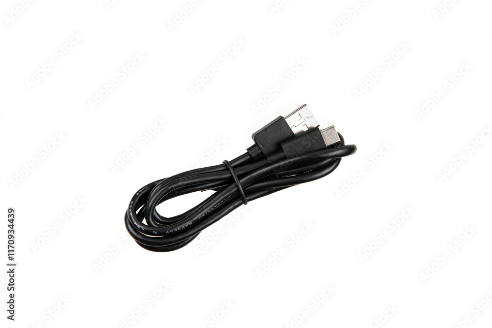 Black USB cable with two connectors, neatly coiled and secured with a strap, isolated on a white background. Black USB cable with two connectors, neatly coiled and secured with a strap, isolated on a white background.